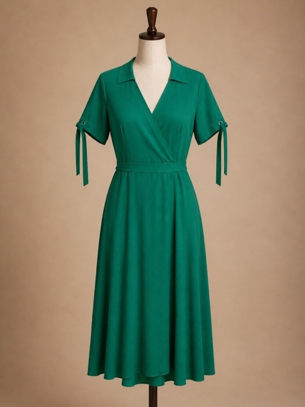 Green Short-Sleeve Wrap Dress